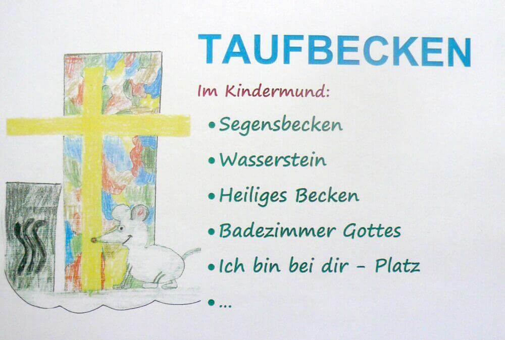 Kinderbeschreibungen von liturgischen Orten werden im Religionsunterricht der Grundschule gesammelt und auf Plakaten an den jeweiligen Orten - illustriert durch Kinderzeichnungen - gezeigt